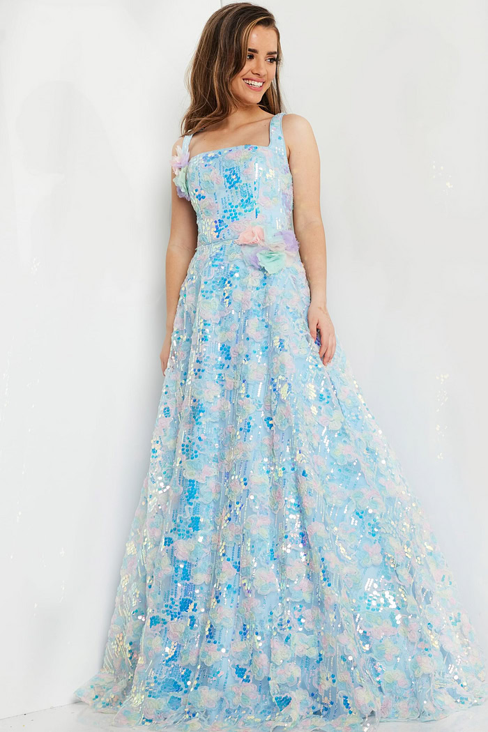 Front angle view of model wearing K23955 gown featuring floral embellishments.