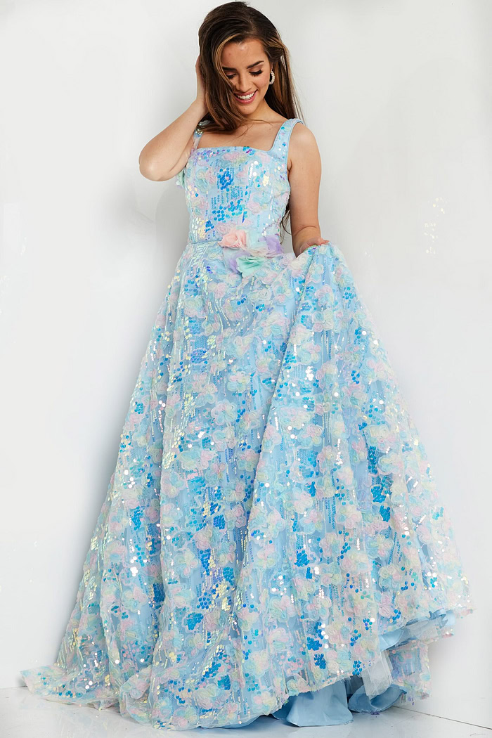 Model in K23955 gown showing the A-line silhouette and decorative details.
