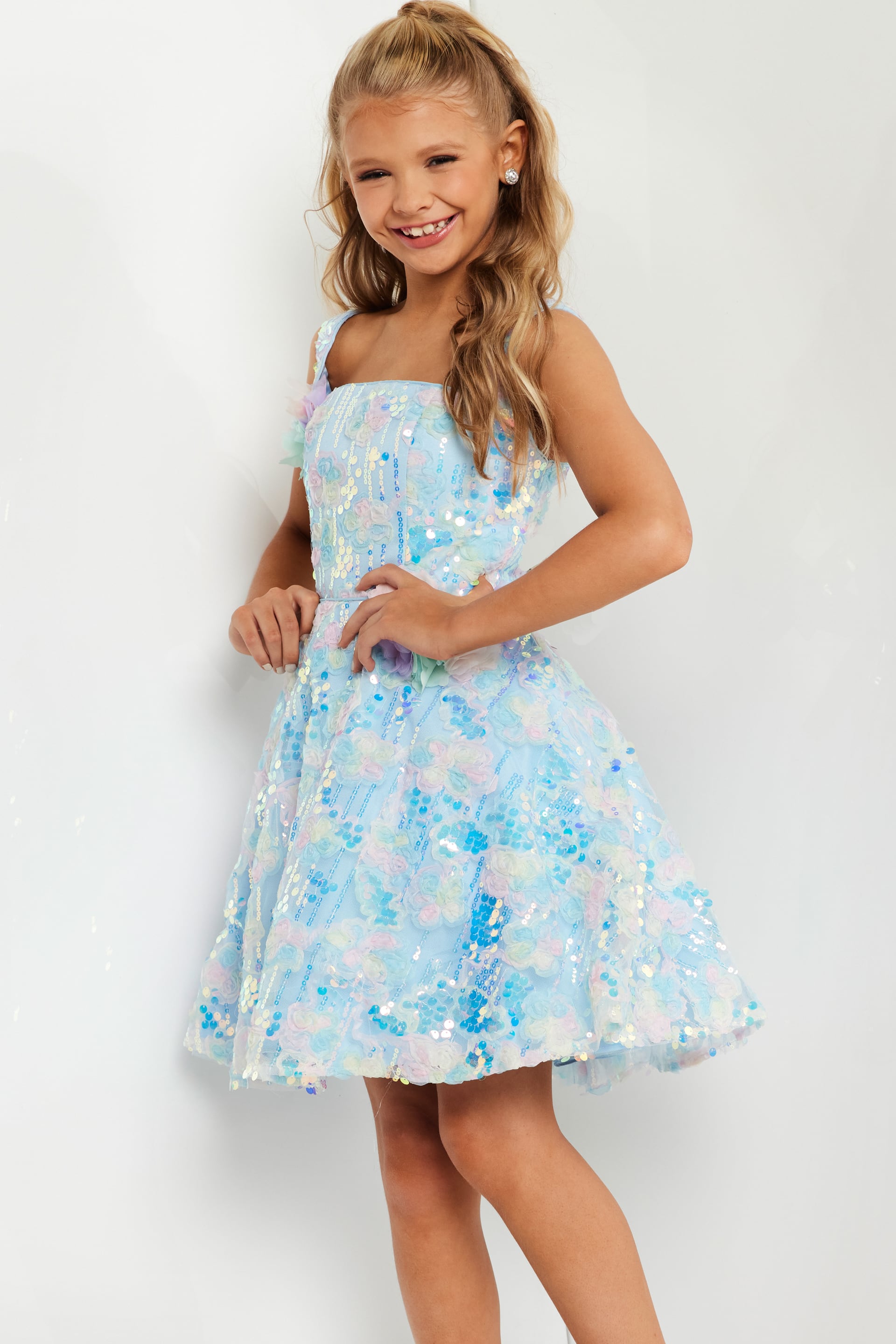 Jovani K23956 dress with vibrant sequins and floral design.