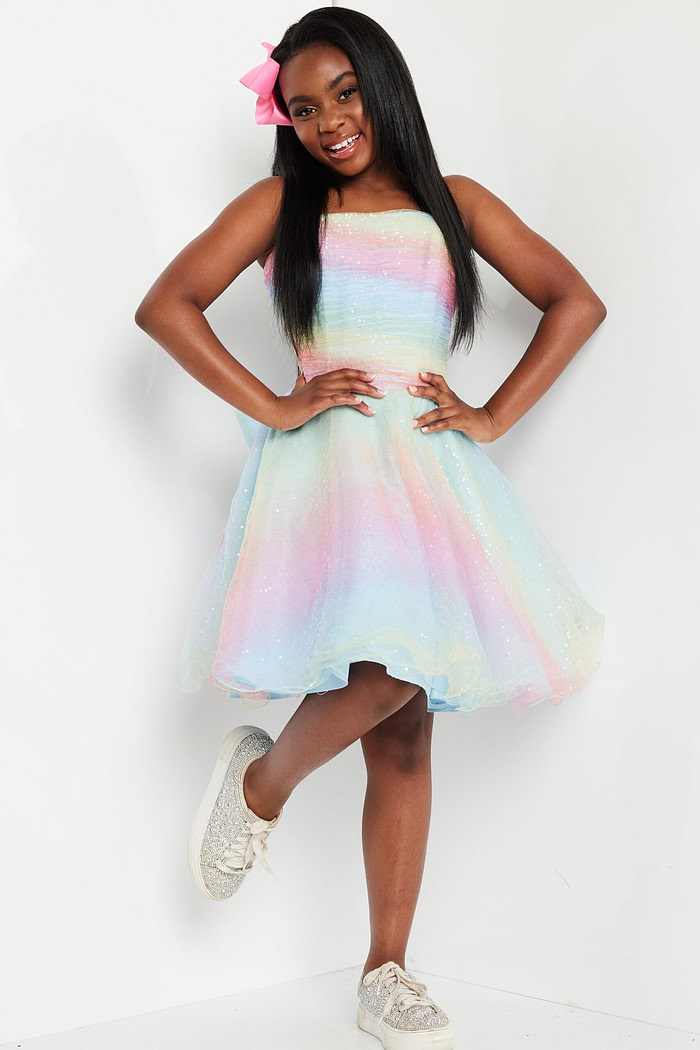 model wearing K36535 multi-color dress, front view