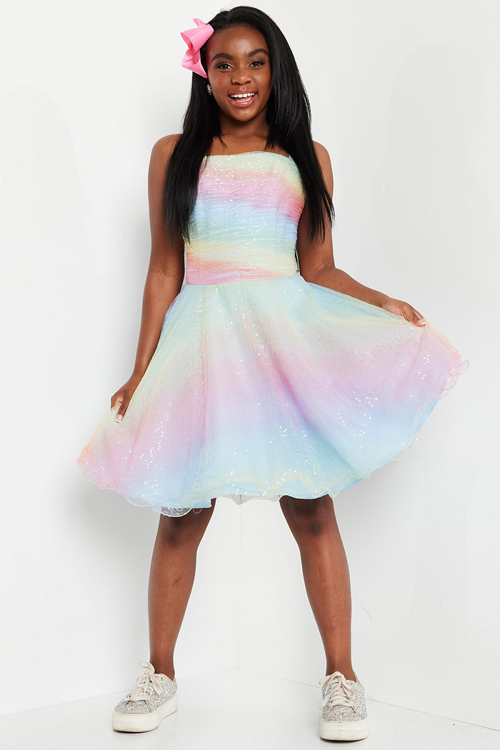 model wearing K36535 multi-color dress, twirling front view