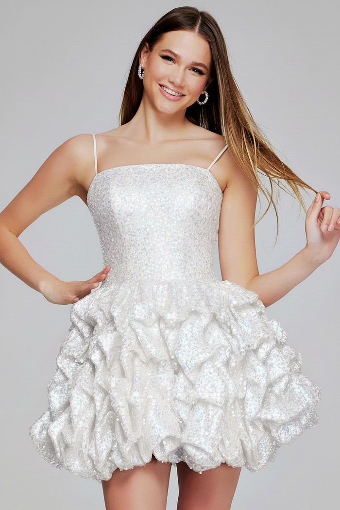 white puffy short dress with ruffled skirt K38108