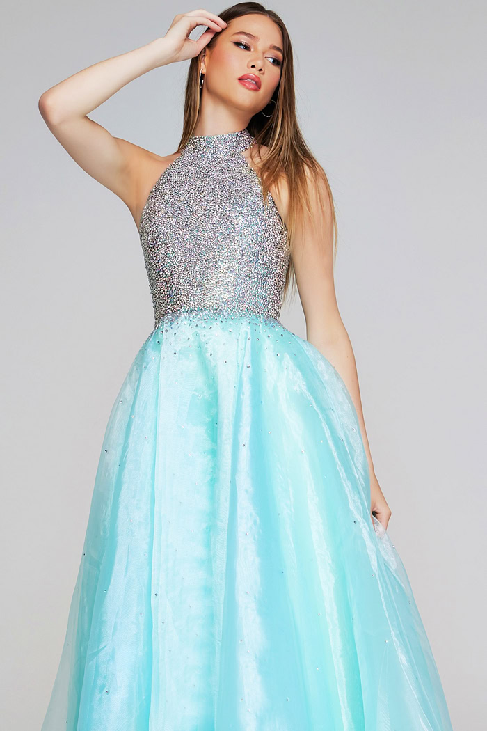 Model wearing Jovani K38262 light turquoise dress in front view