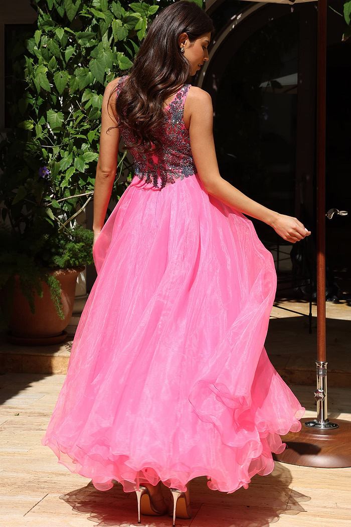 Beaded back bodice with flowing organza skirt