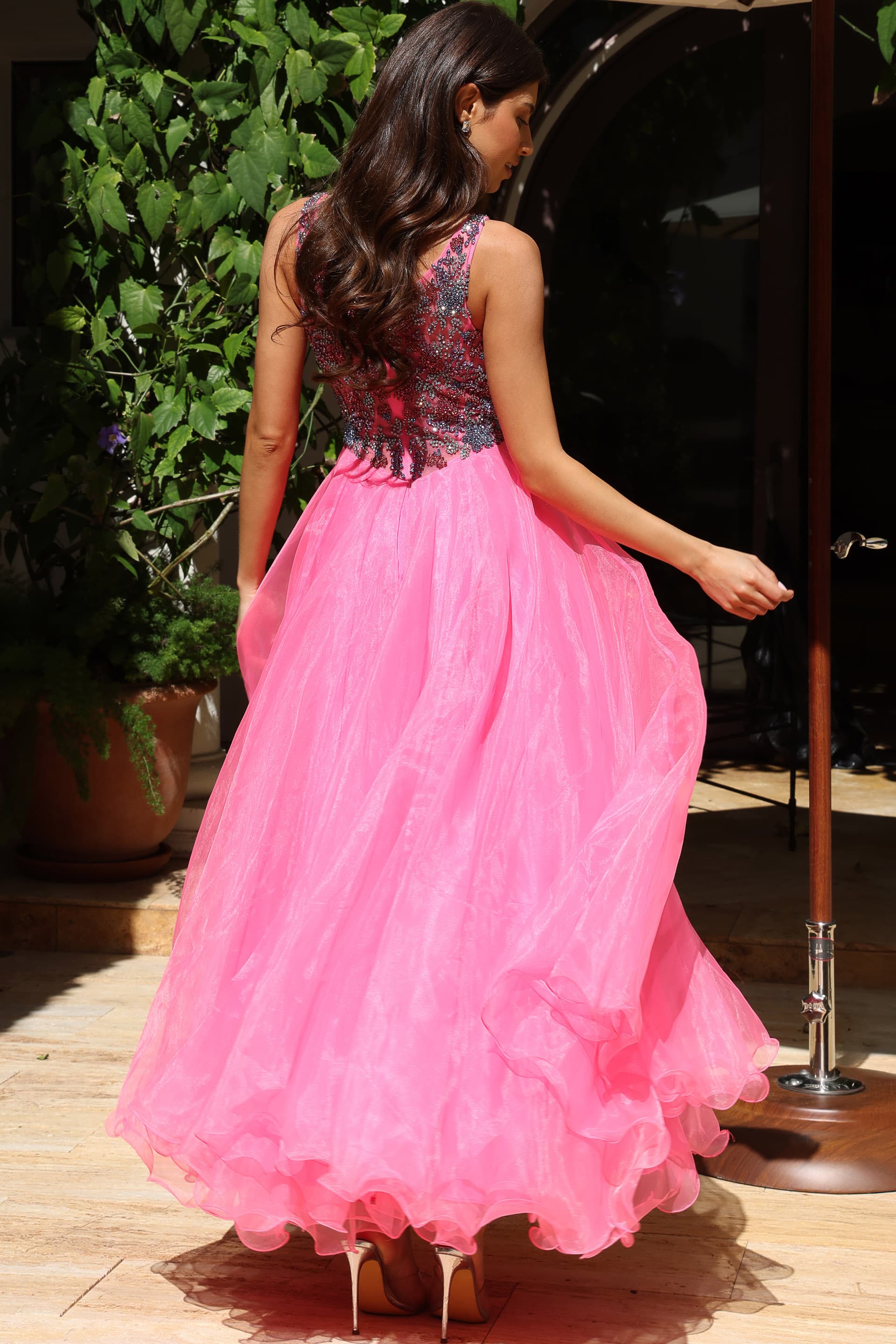 Beaded back bodice with flowing organza skirt