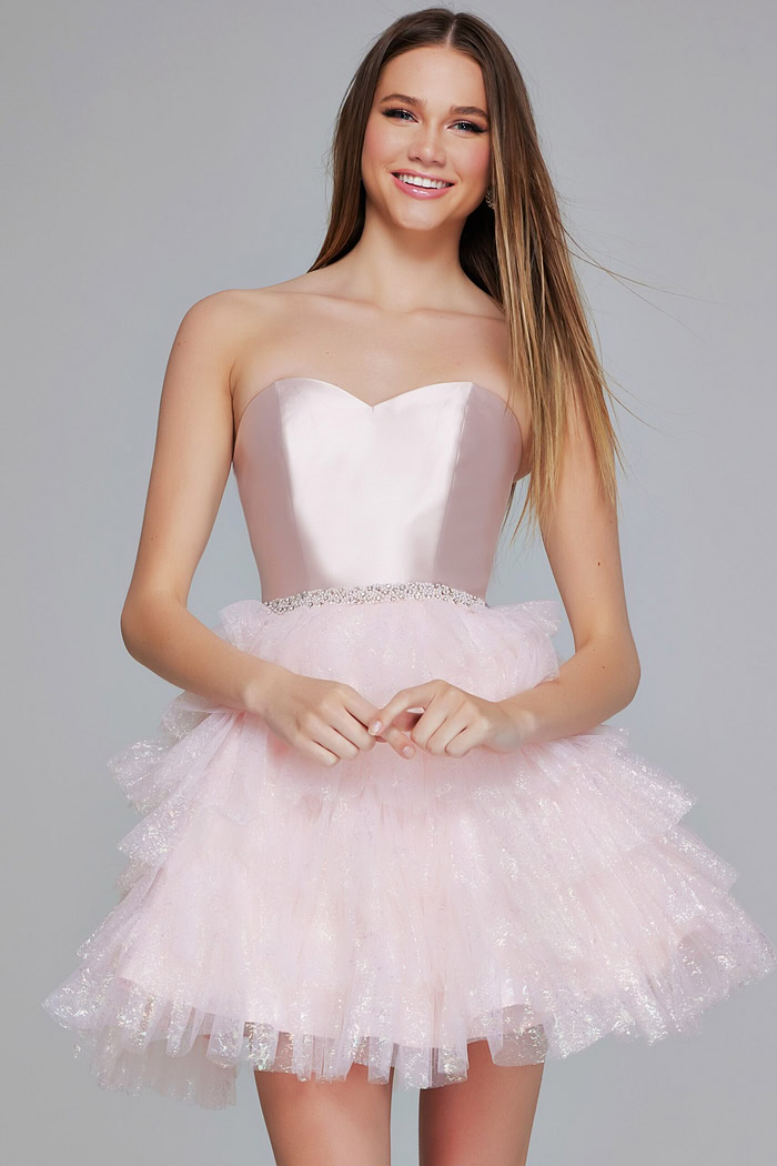 model in K39310 pink gown with glittering waistband and layered skirt