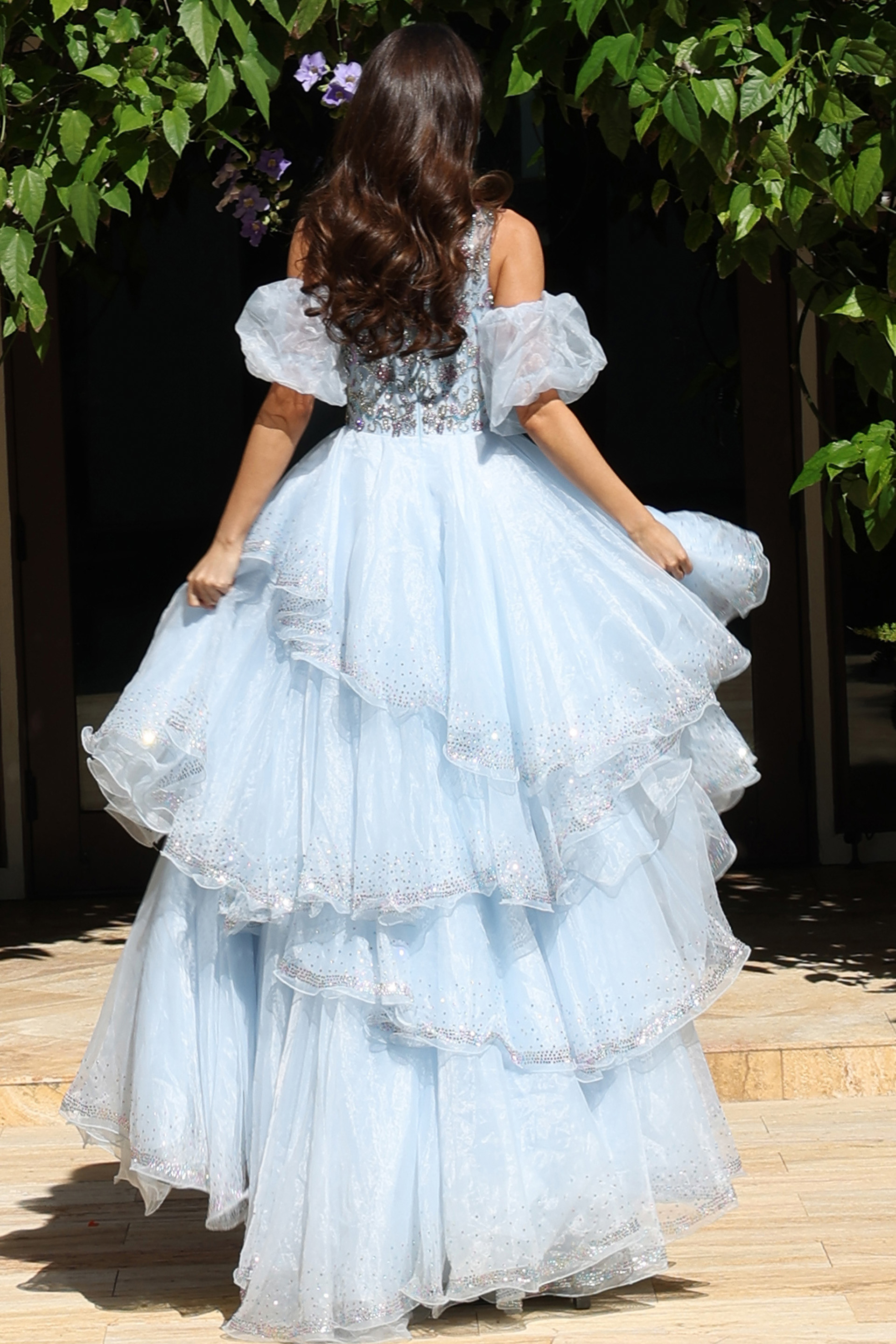 Off shoulder ruffle gown with layered skirt