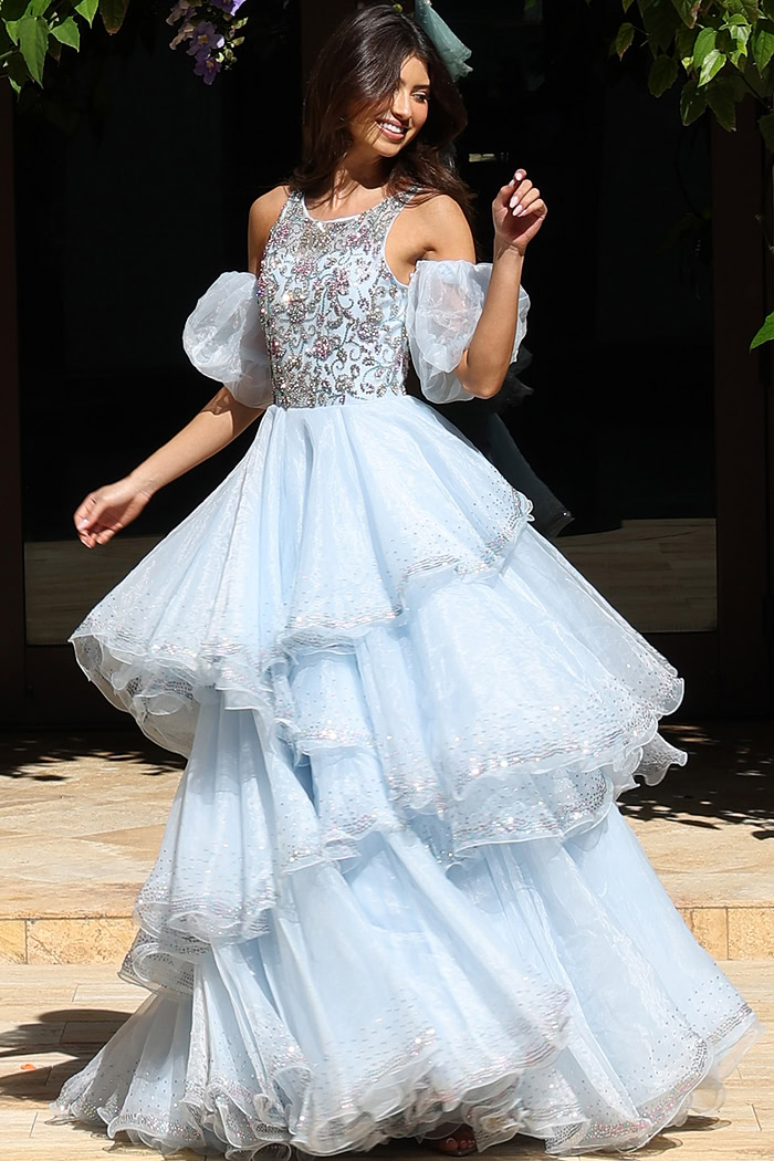 corset bodice and ruffled skirt long dress K42178