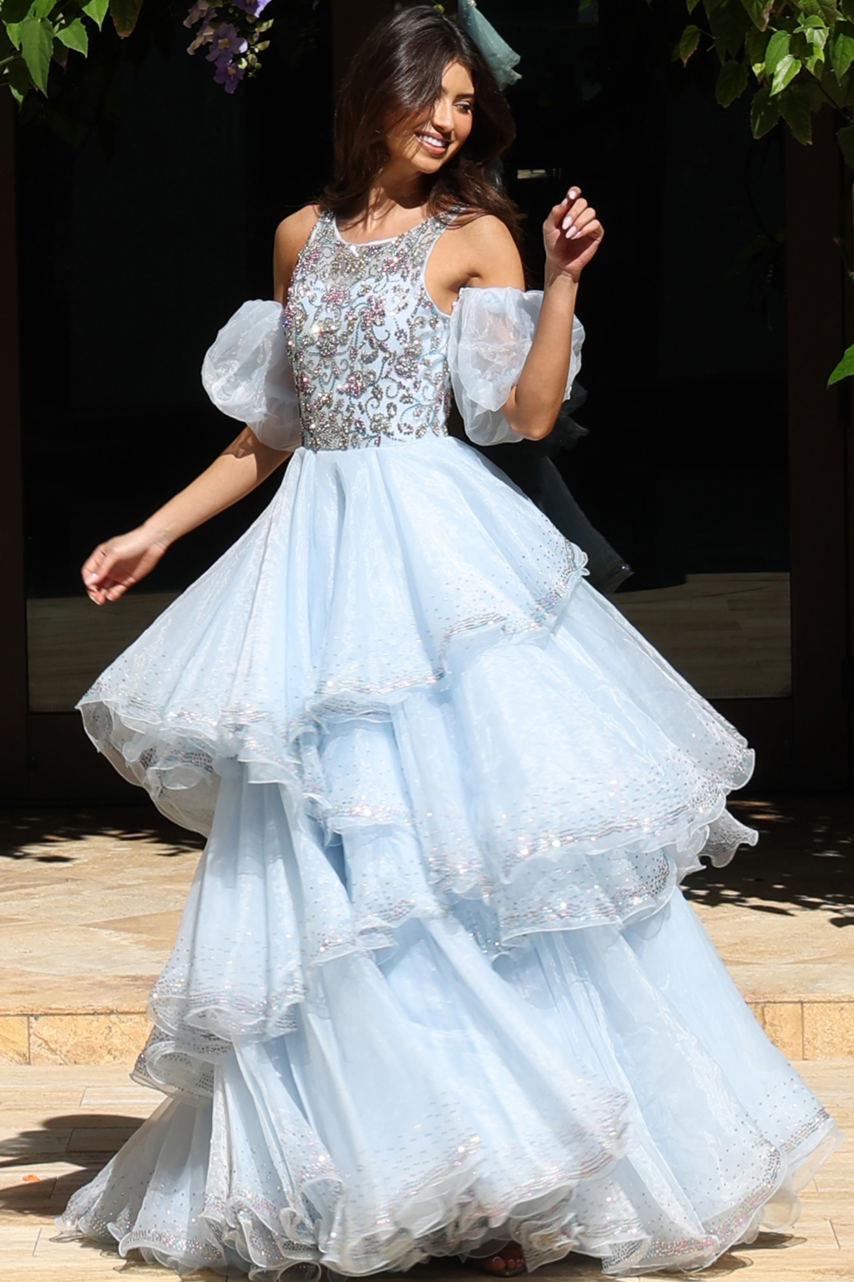 corset bodice and ruffled skirt long dress K42178
