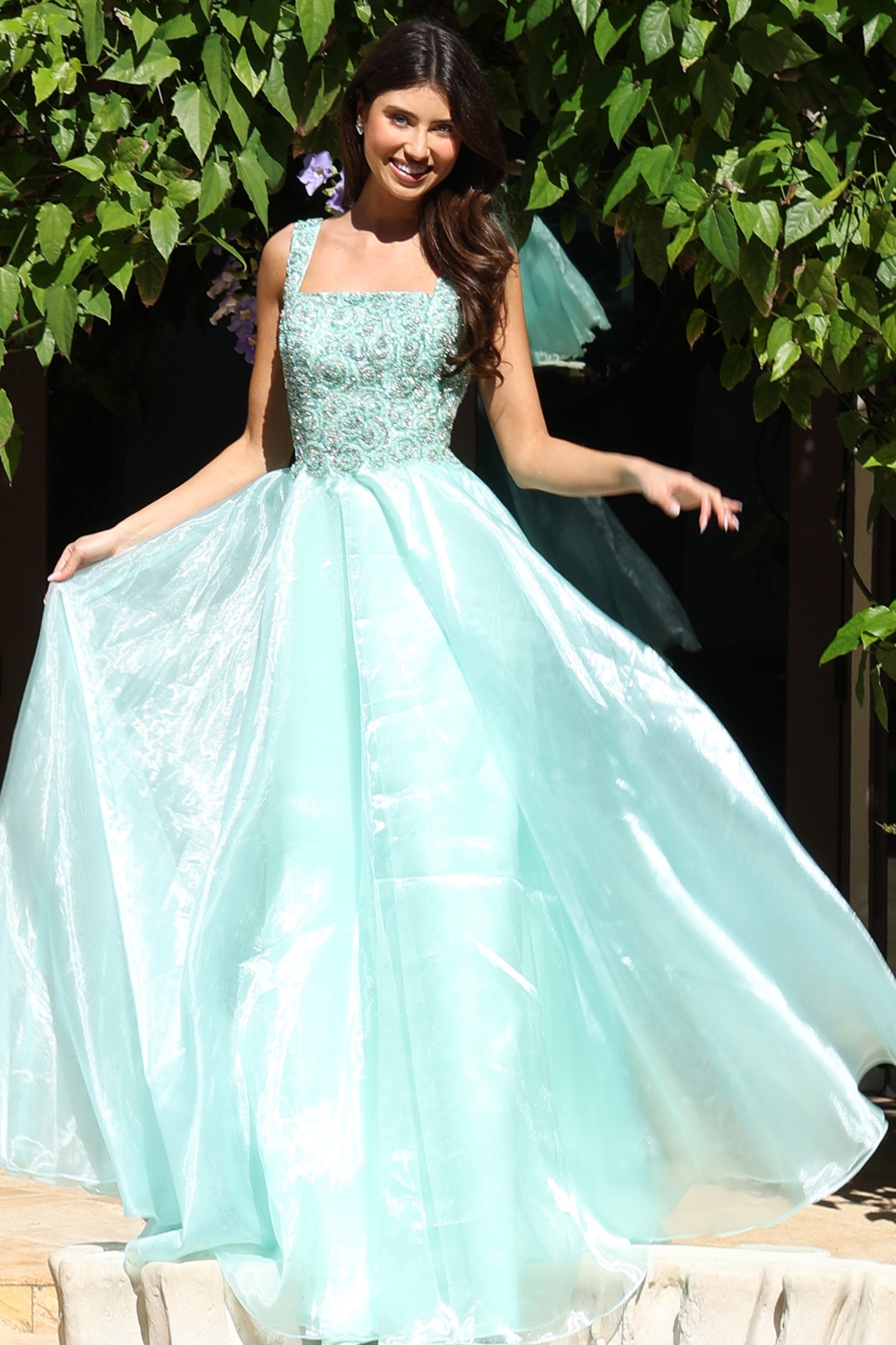 mint green embellished long dress K48130