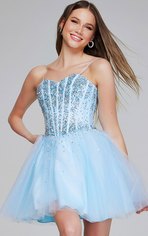 Model wearing Jovani K62533 blue dress with beaded bodice and A-line silhouette, front view.