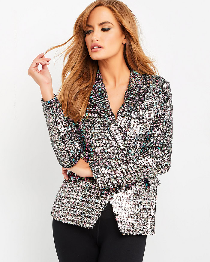 Model wearing Jovani M04827 multi-colored sequin blazer, alternative front view.