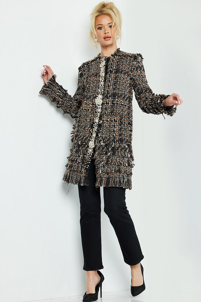 Jovani M54805 model wearing multi-color textured tweed coat with buttons, seen from the front.
