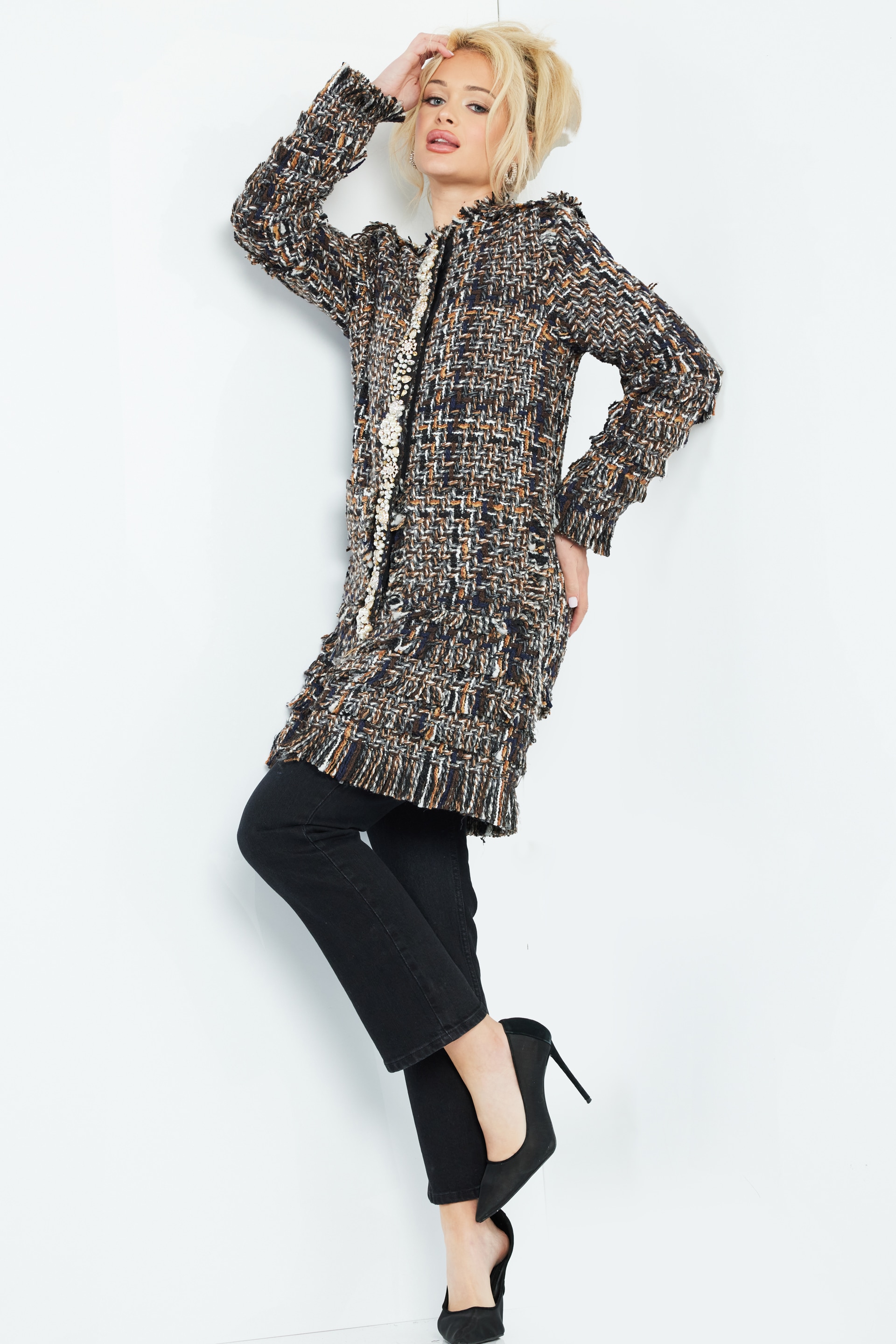 Jovani M54805 model displays a front view of a multi-colored tweed coat emphasizing detailed buttons.