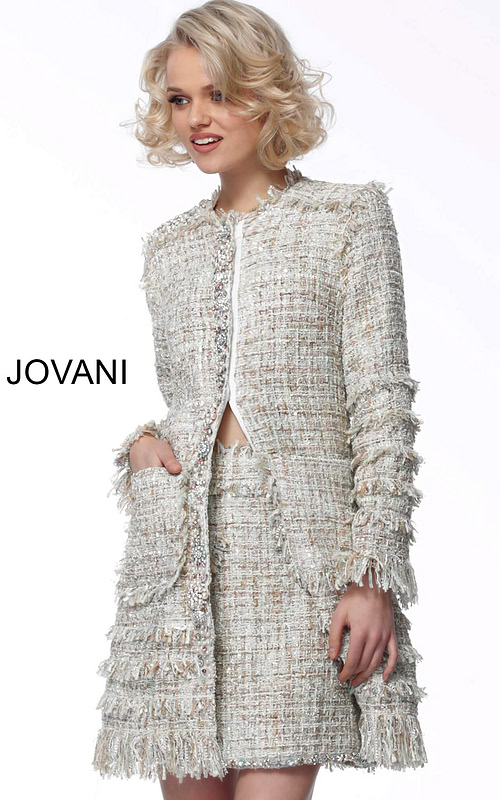 Model wearing Jovani M61371 in ivory multi-color, front view with open front design.