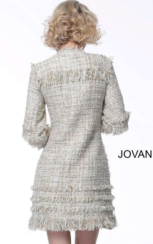 Back view of the Jovani M61371 dress in ivory multi-color showing the fringe detail.