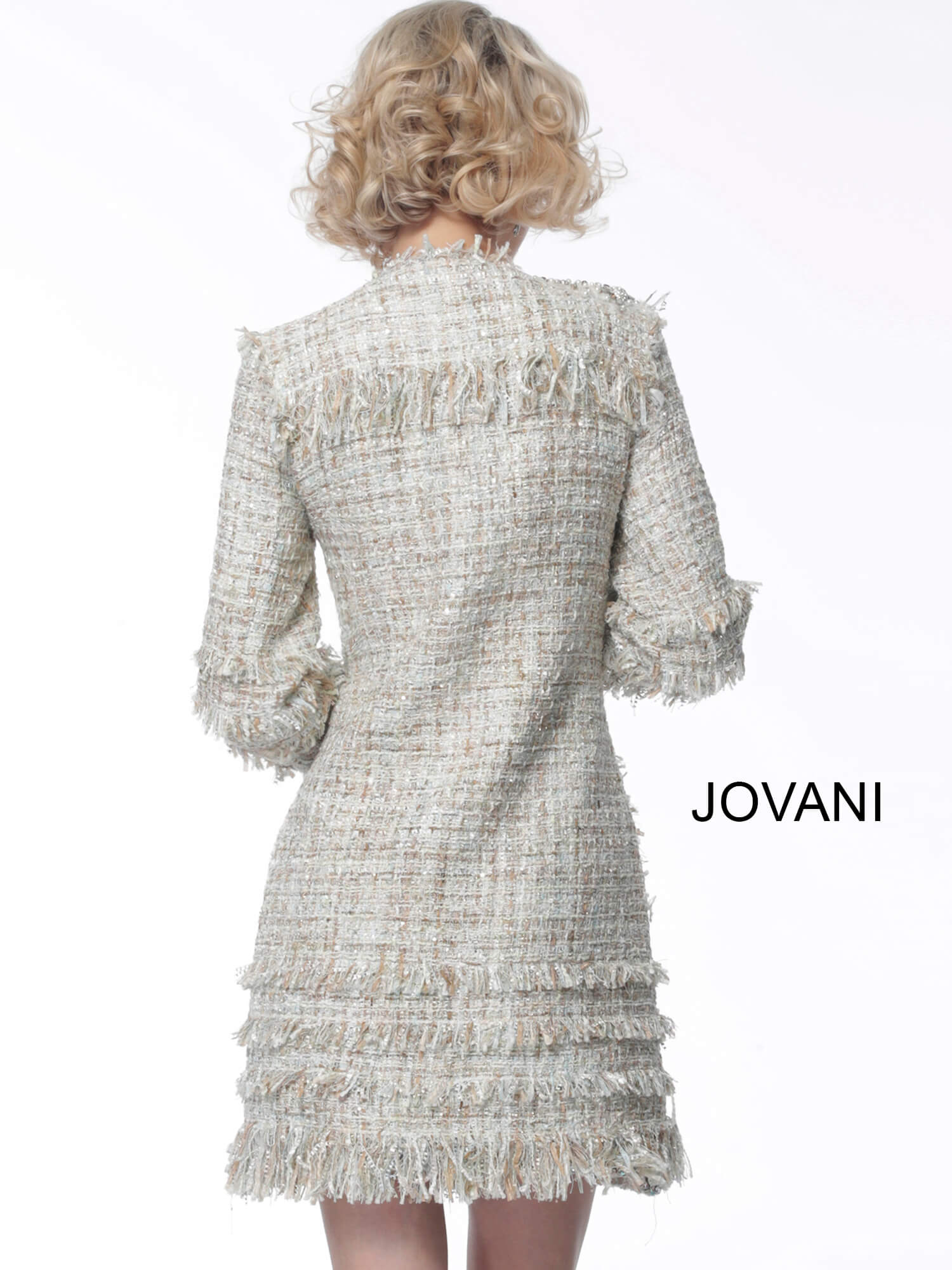 Back view of the Jovani M61371 dress in ivory multi-color showing the fringe detail.