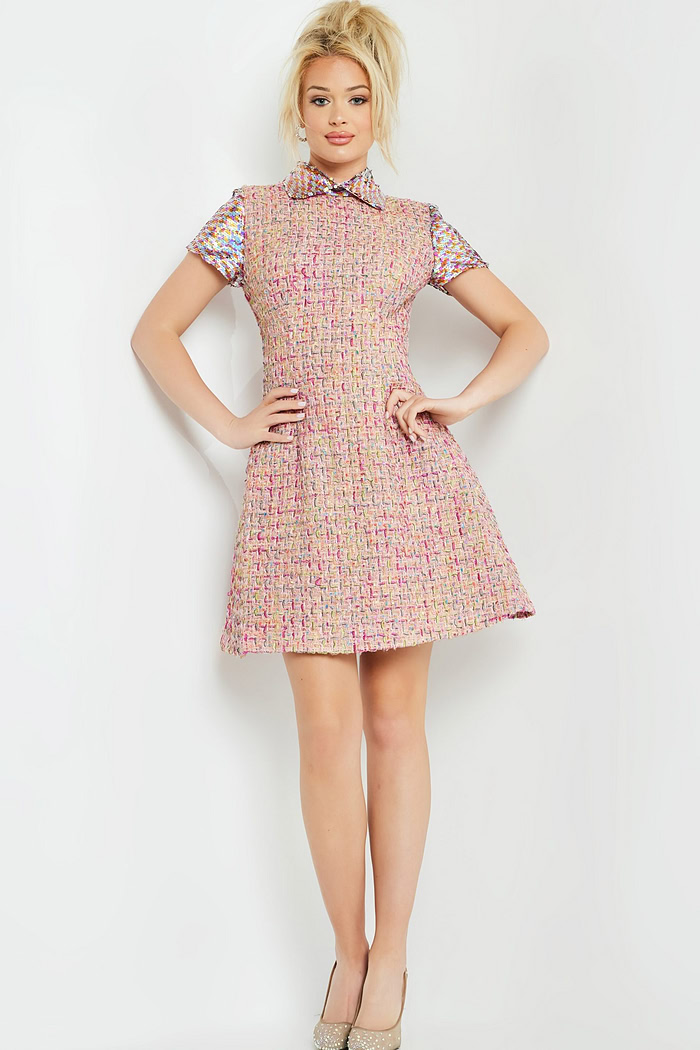 Model wearing M68930 multicolor tweed dress, full front view with collared neckline.