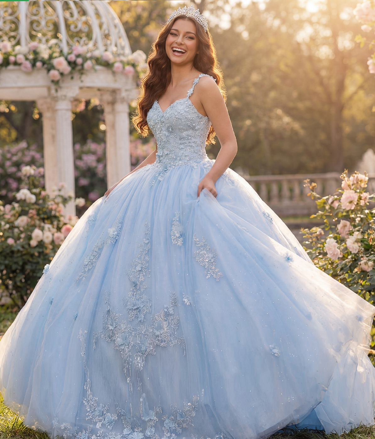 Blue floral bodice puffy ball gown