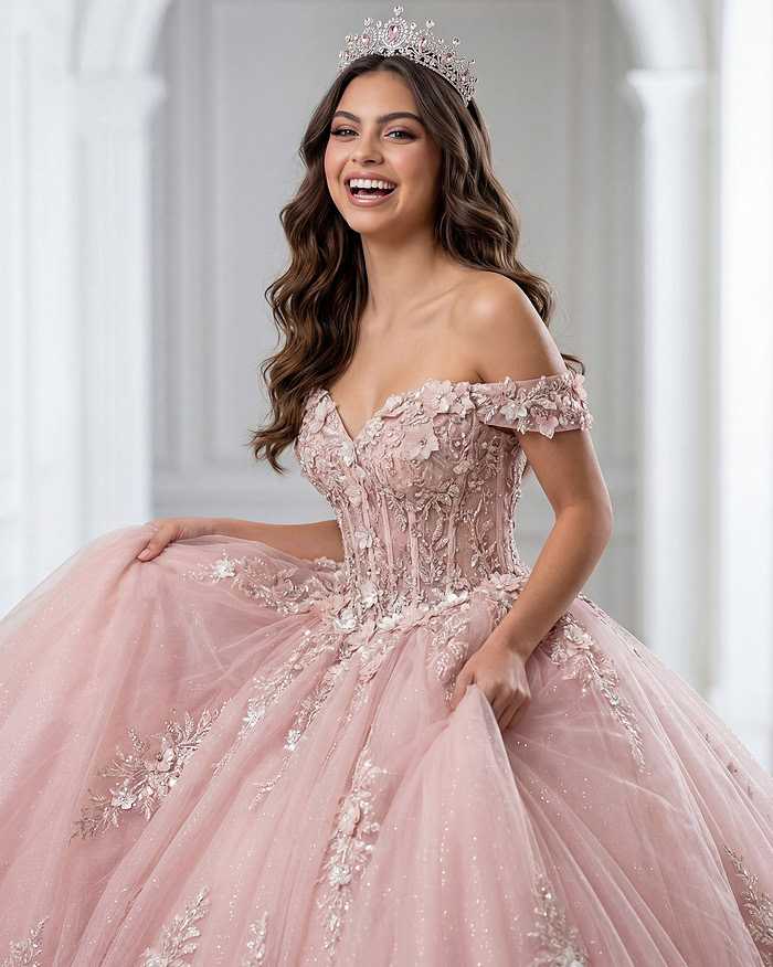 off the shoulder pink ball gown Q43434