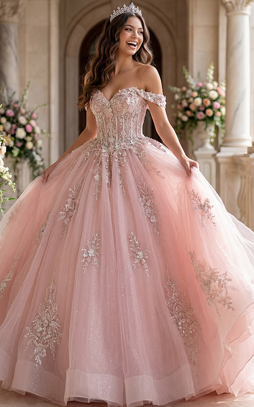 pink corset bodice ball gown decorated with floral applique  Q43434
