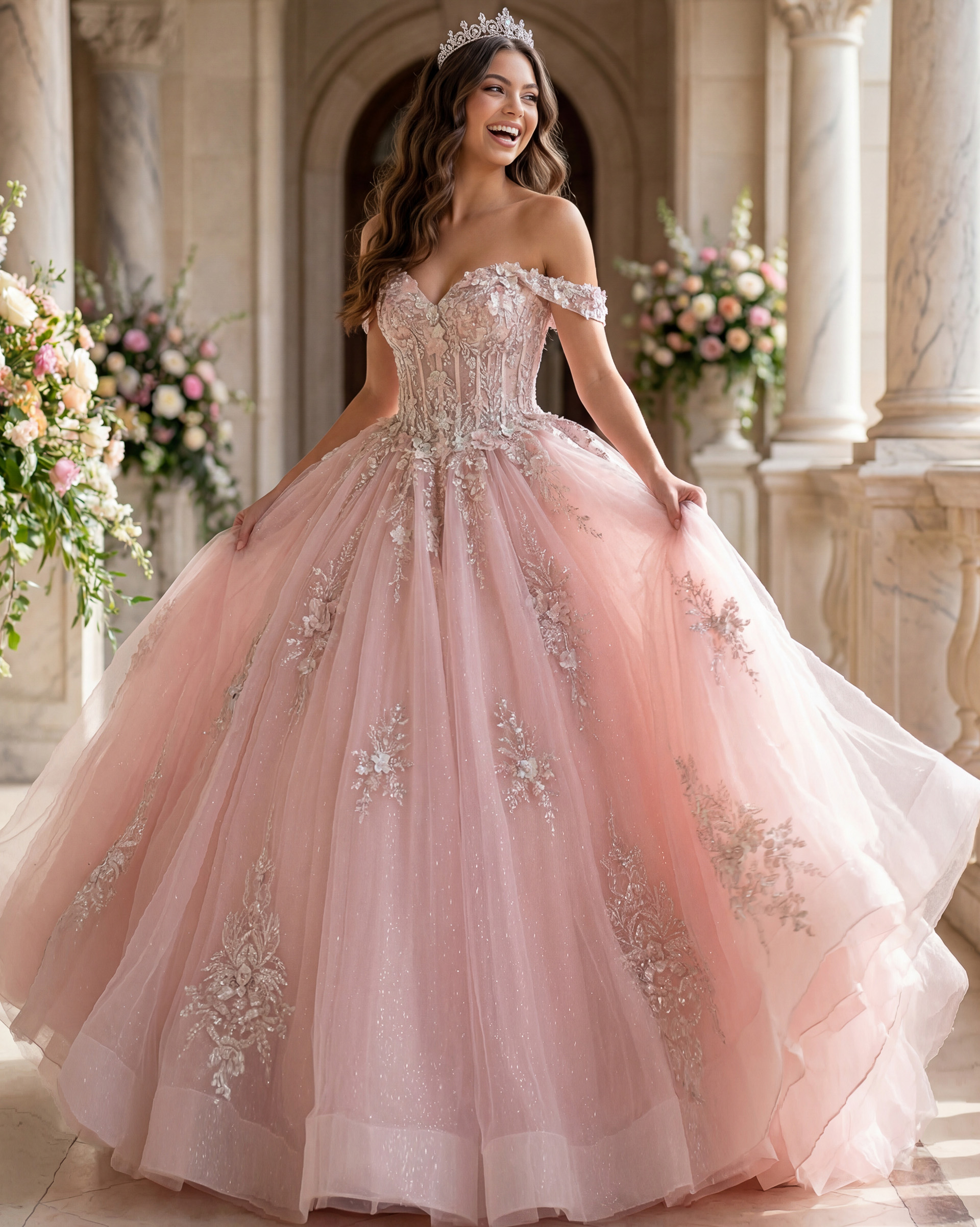 pink corset bodice ball gown decorated with floral applique  Q43434