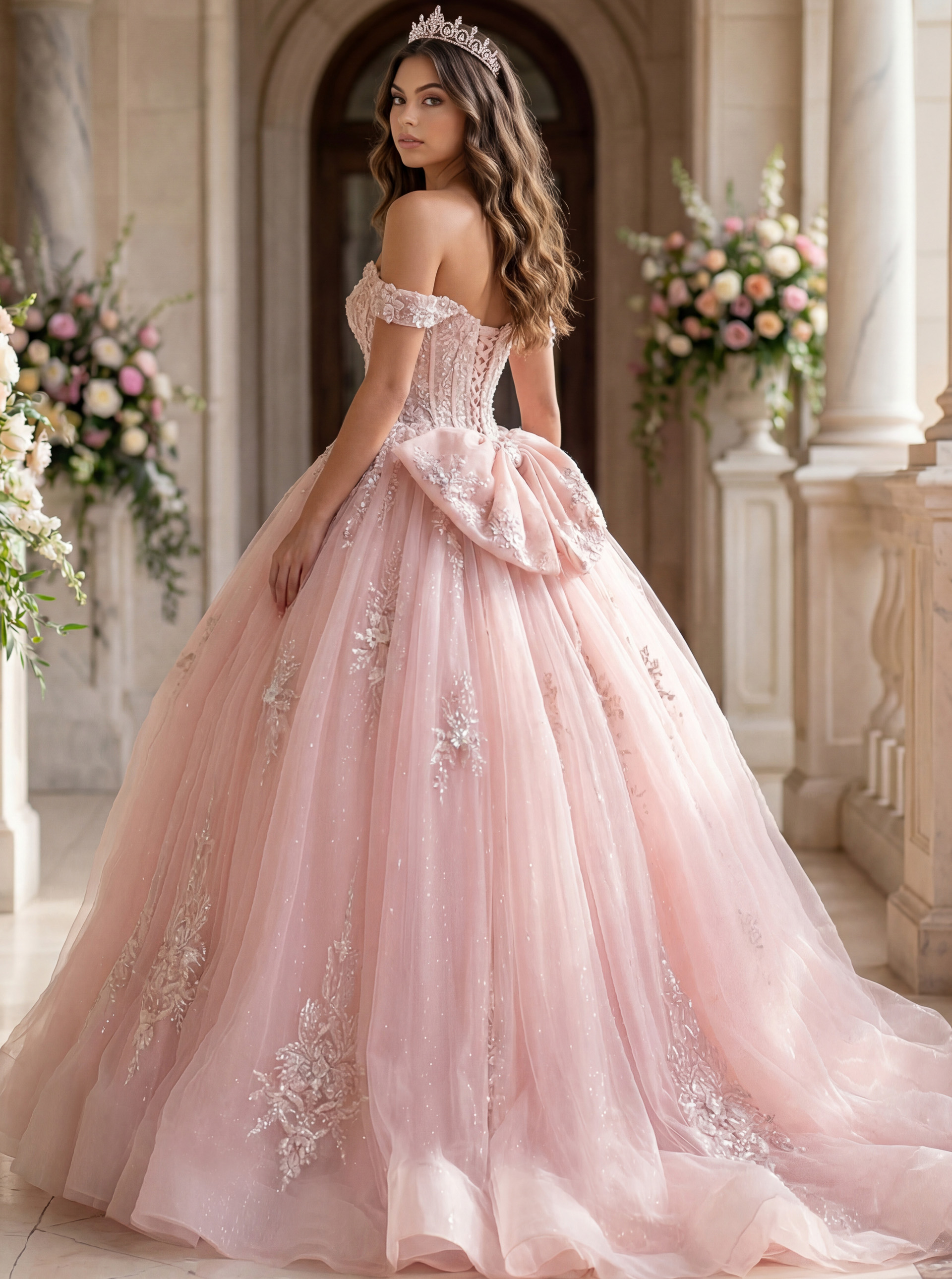 off the shoulder corset bodice pink ball gown  Q43434