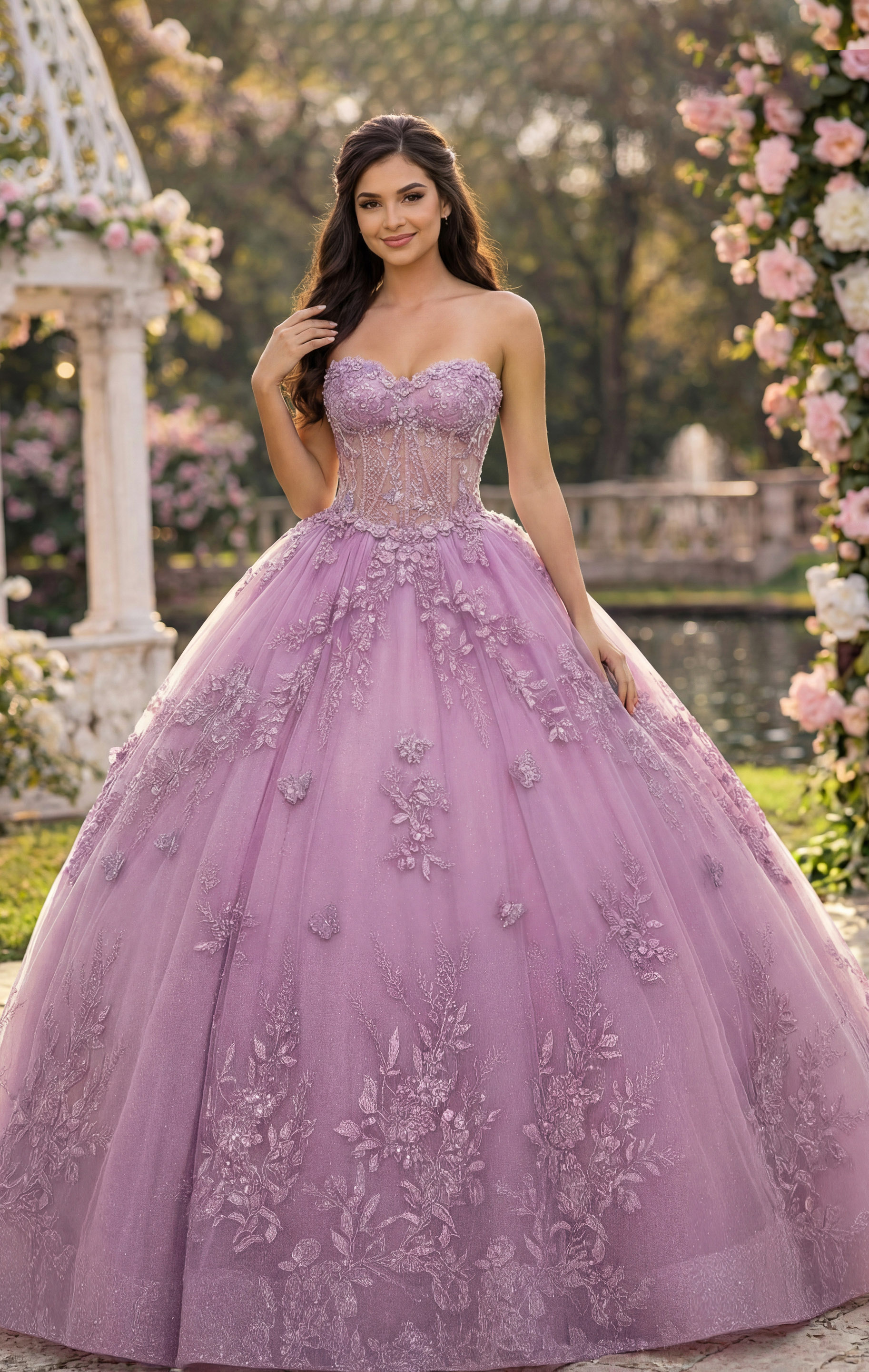 Strapless sweetheart pink ball gown with embellished bodice and tulle overlay