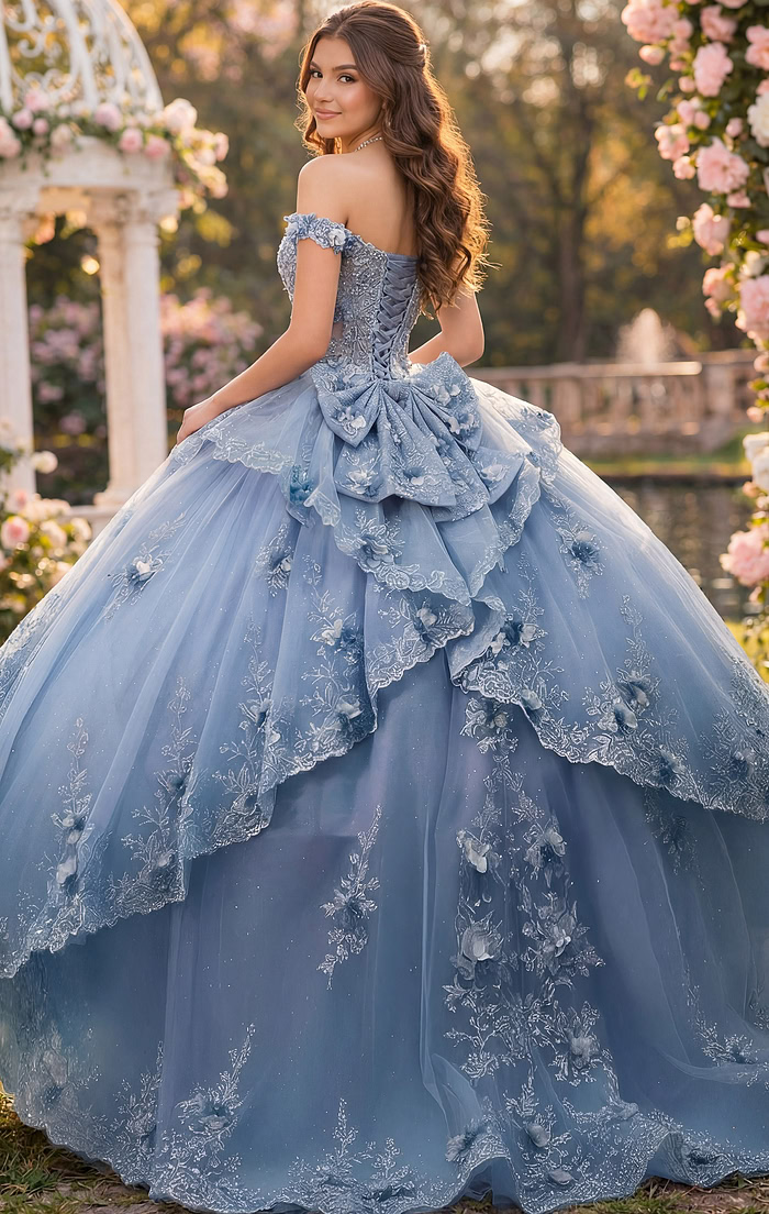 Blue off-shoulder ball gown back view