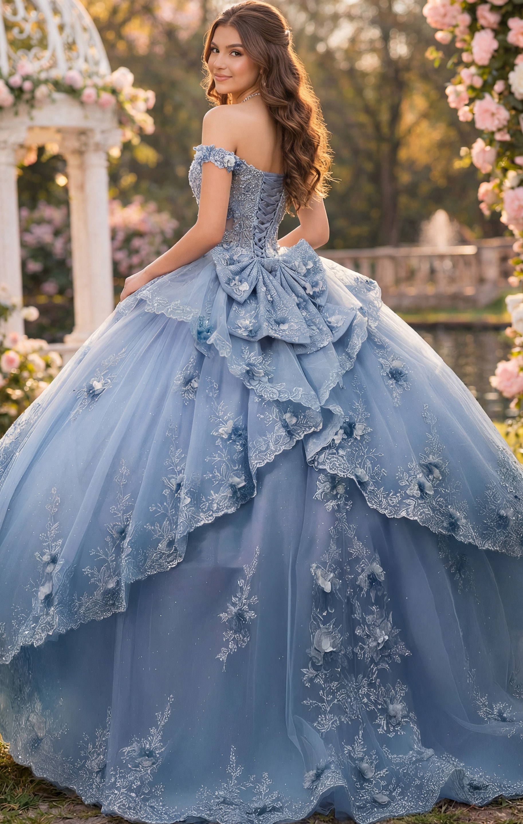 Blue off-shoulder ball gown back view