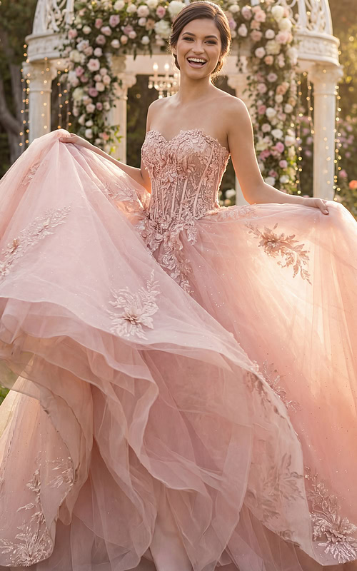 Strapless sweetheart ball gown with 3D floral appliqué
