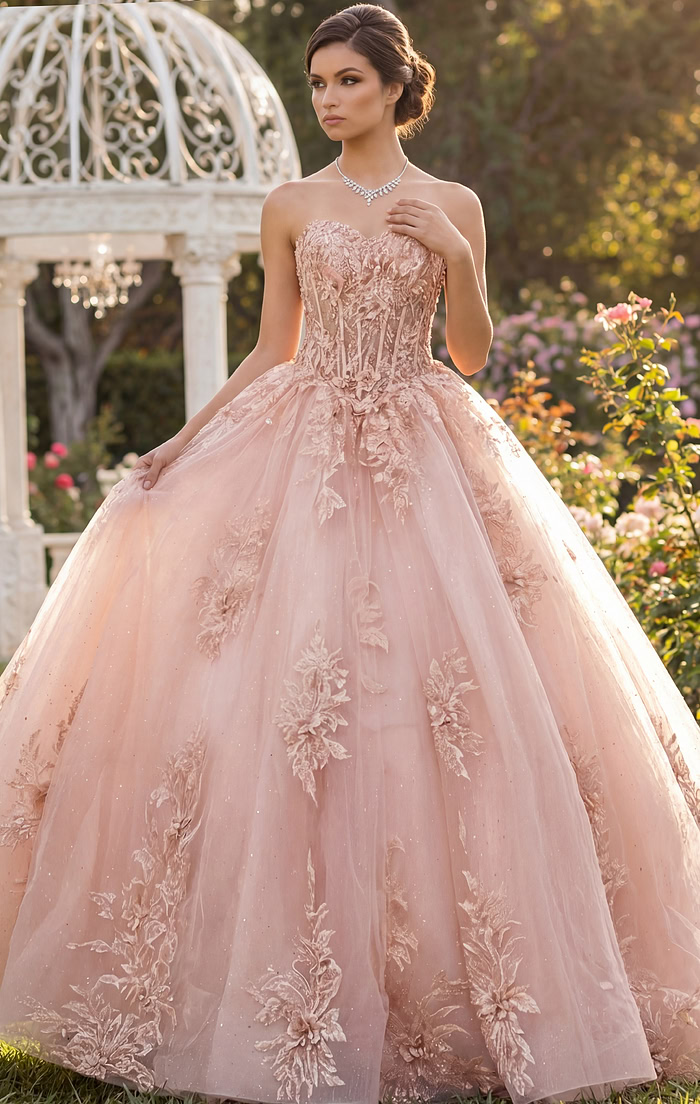Strapless straight-neck corset ball gown with glitter tulle in champagne.