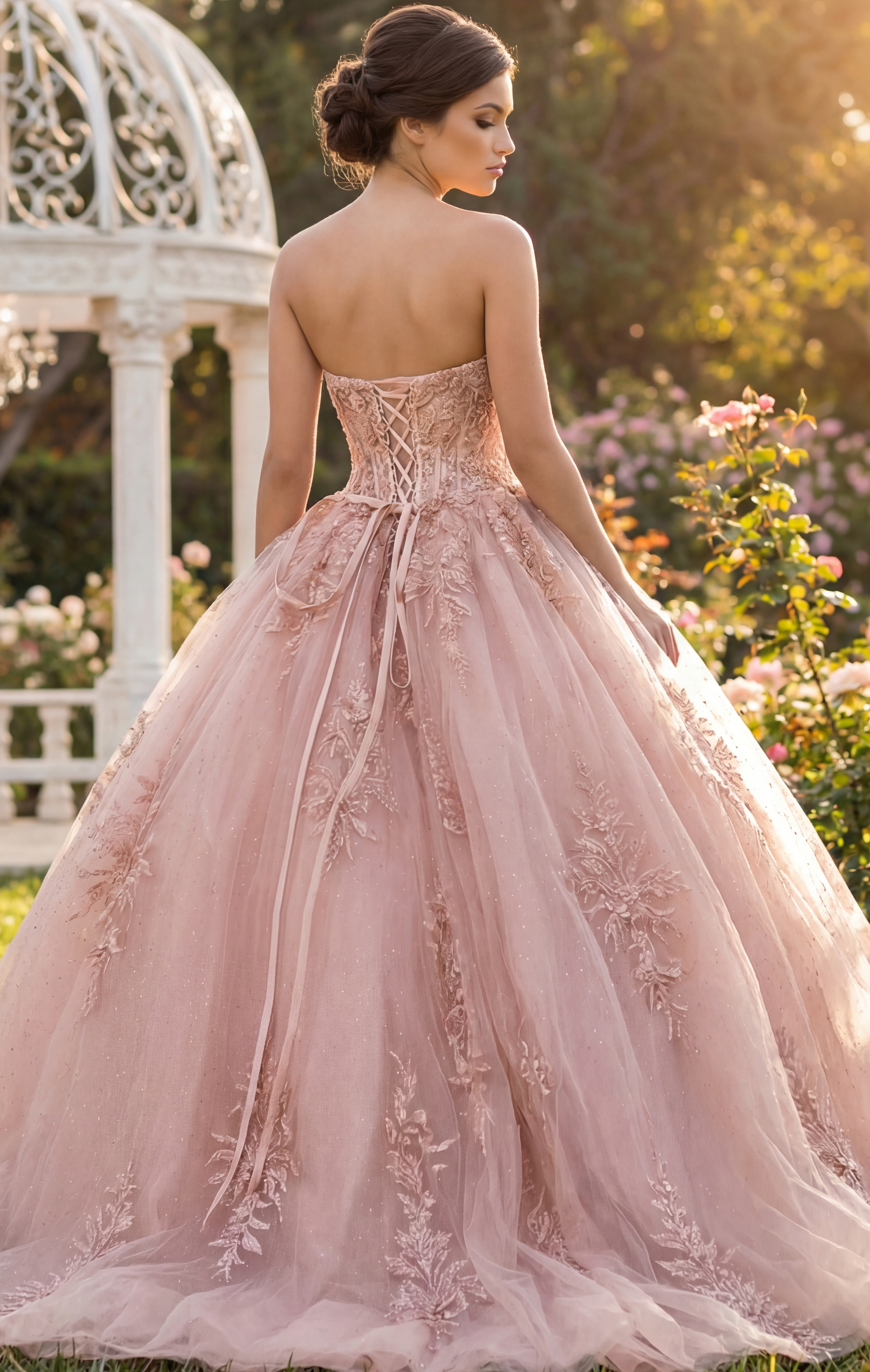 Strapless lace-up corset ombré tulle ball gown in rose-to-blush.