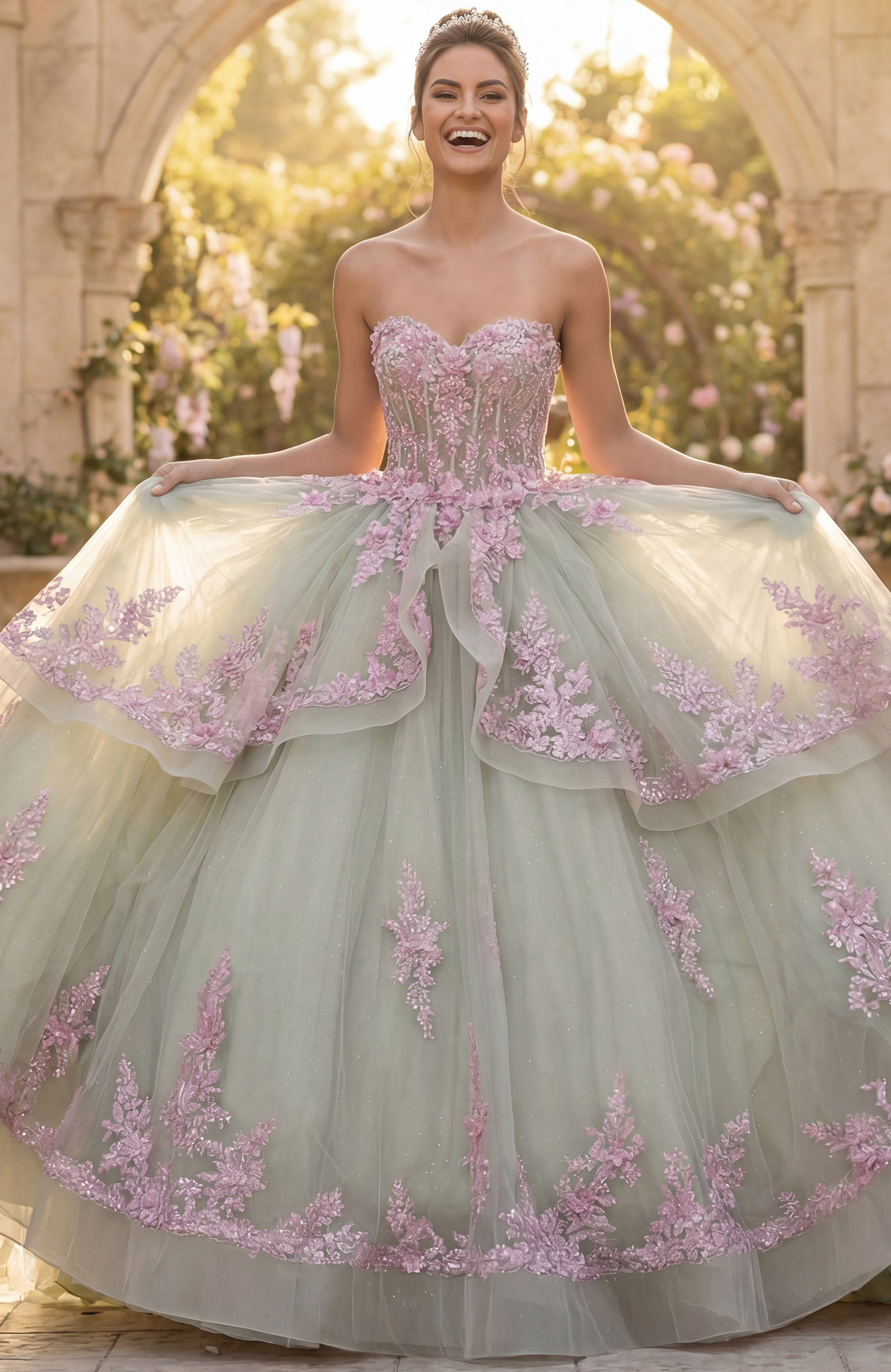 Sage quinceañera ball gown with pink appliqué hem and layered overskirt