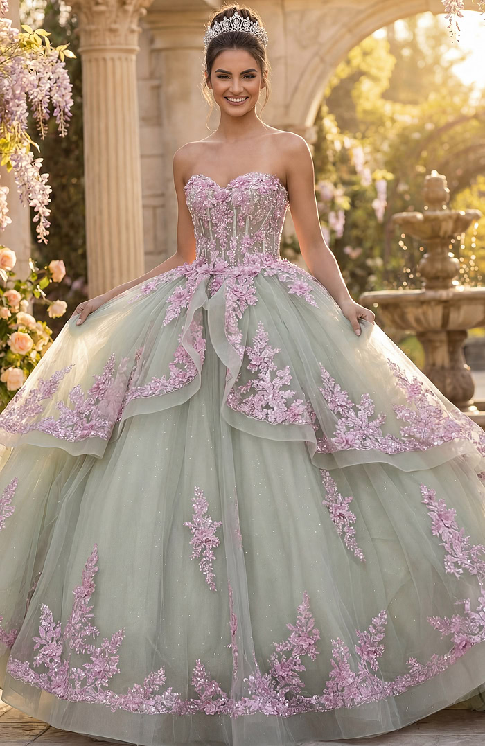 Strapless sage ball gown with pink lace trim and dramatic layered skirt