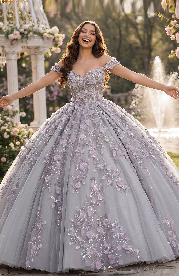 Sage tulle ball gown with lilac appliqué