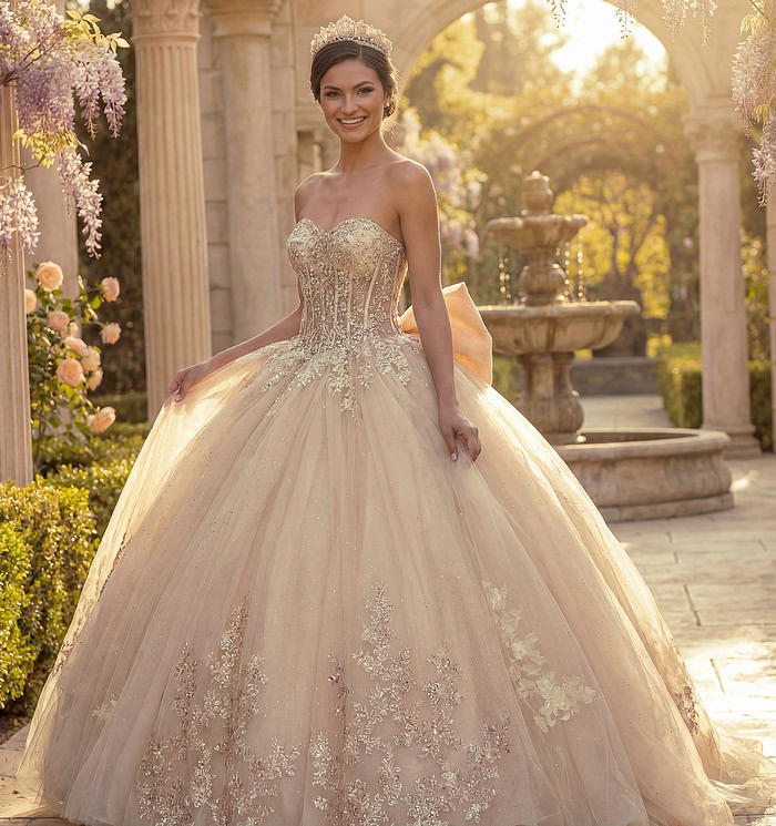Champagne strapless ball gown with beaded corset bodice and glitter tulle skirt