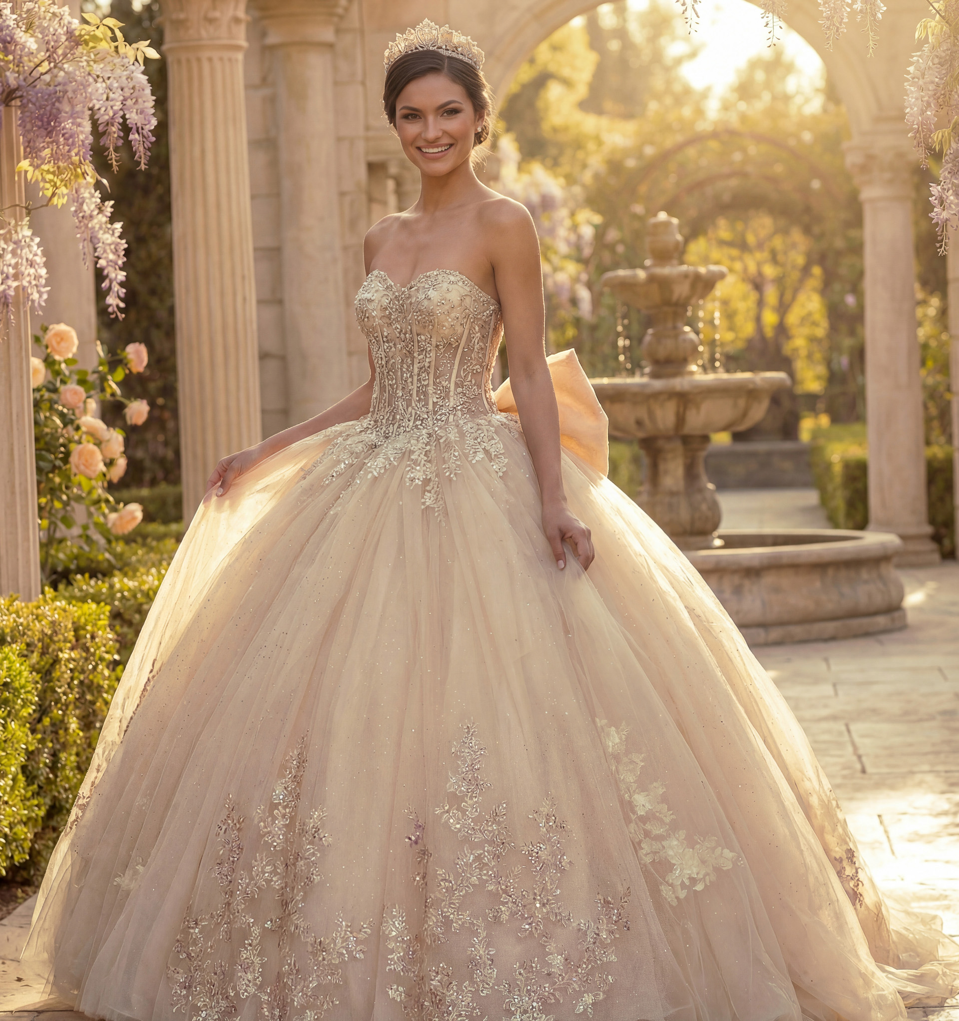 Champagne strapless ball gown with beaded corset bodice and glitter tulle skirt