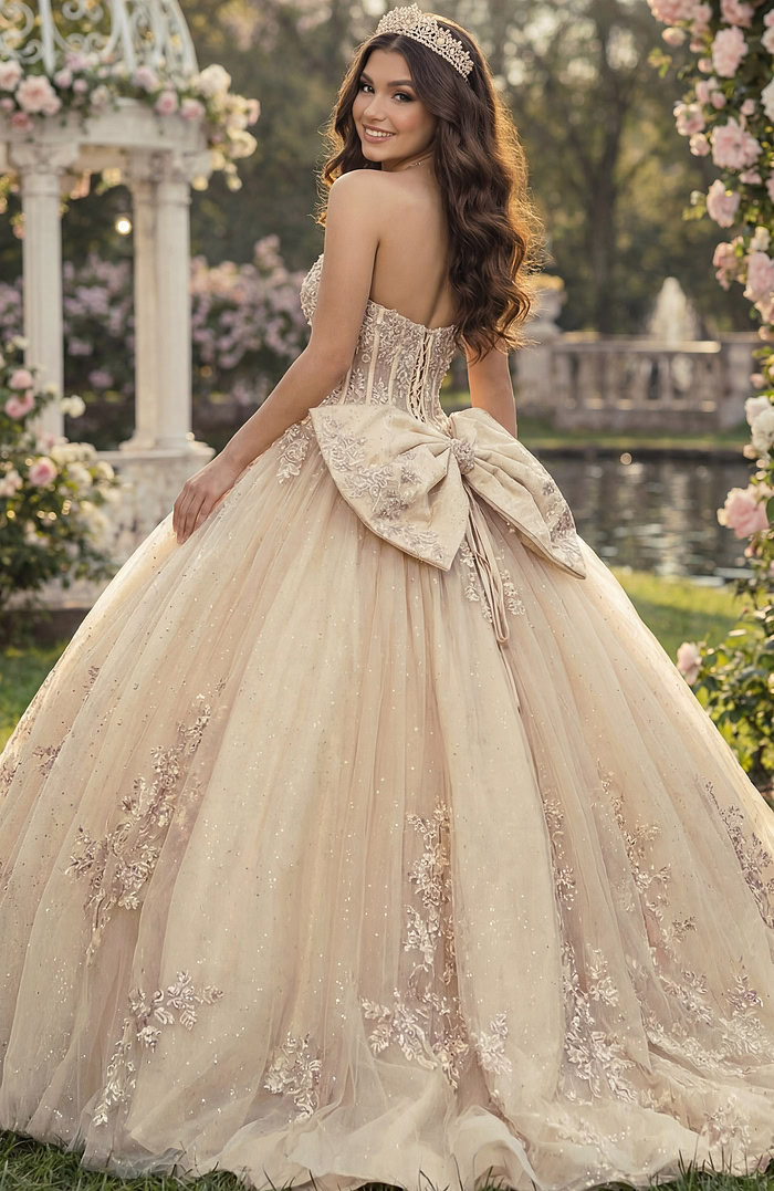 Lace-up back champagne ball gown with oversized bow and embroidered tulle overlay