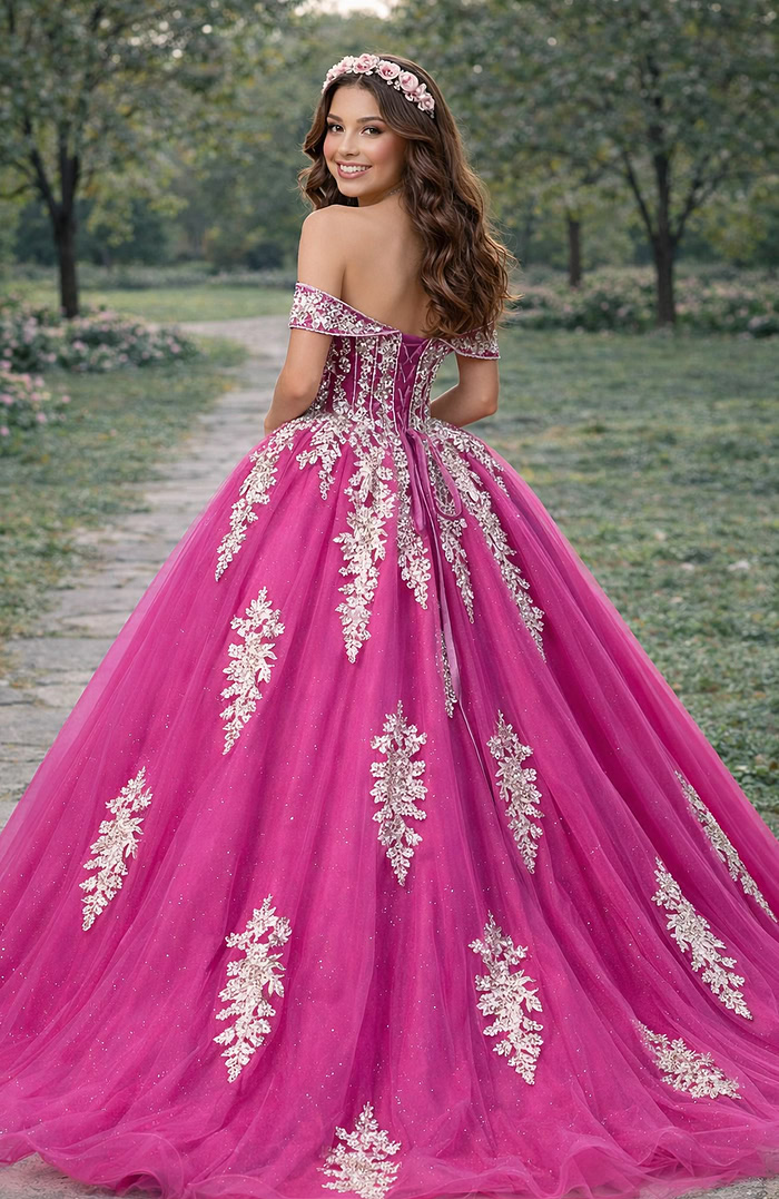 Lace-up back fuchsia quinceañera gown with ivory appliqué panels and sparkle tulle