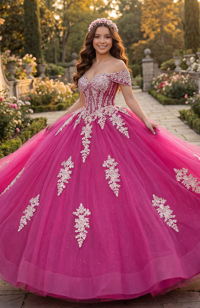 Off-shoulder fuchsia princess gown with structured corset and floral lace detailing