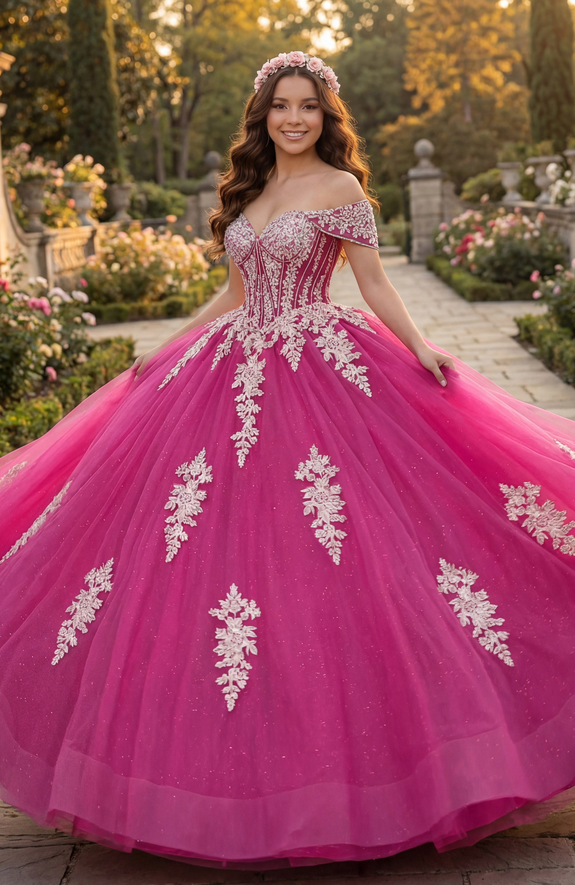 Off-shoulder fuchsia princess gown with structured corset and floral lace detailing