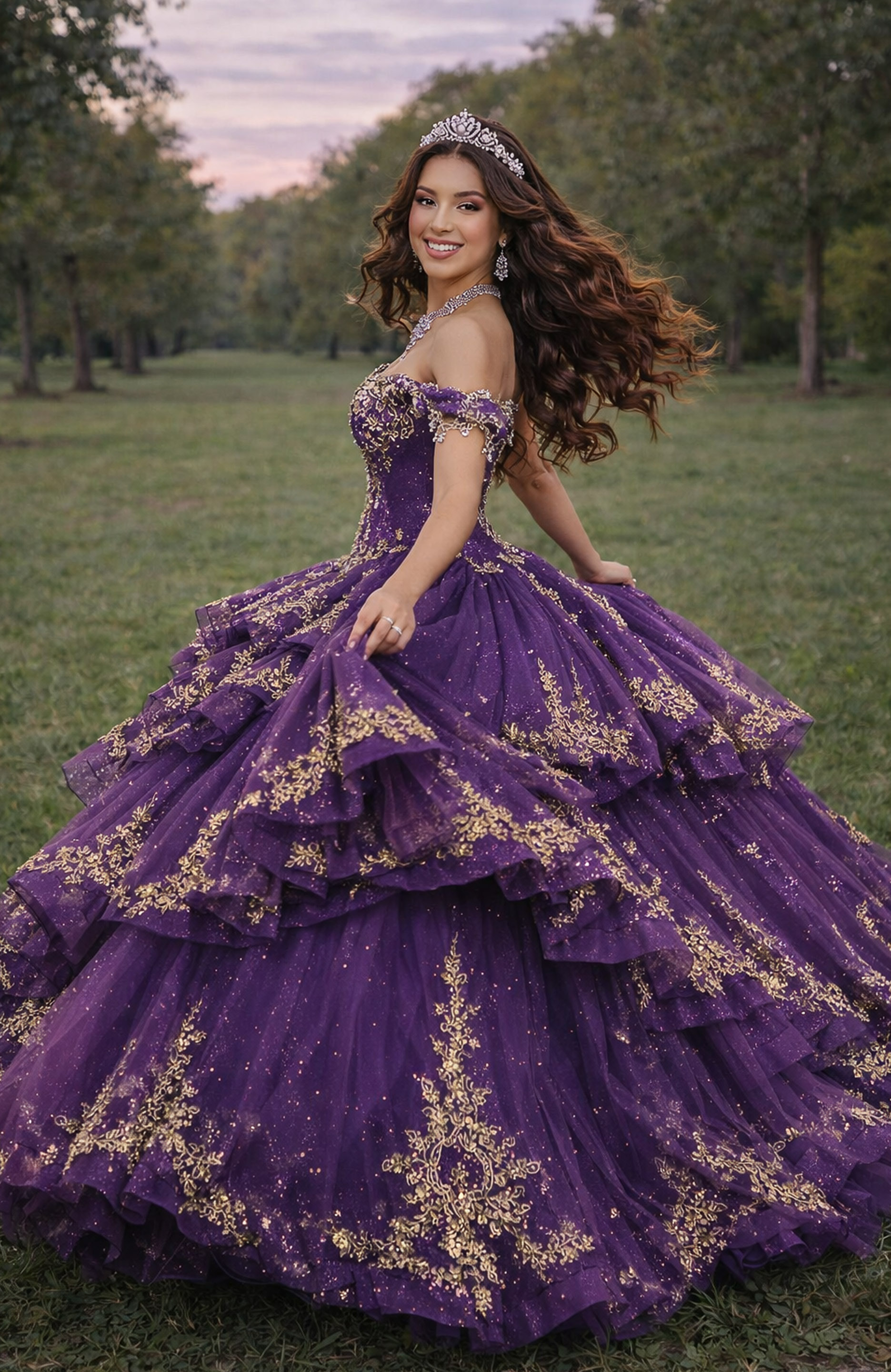 Off-shoulder purple quinceañera gown with gold lace detailing and layered ruffles