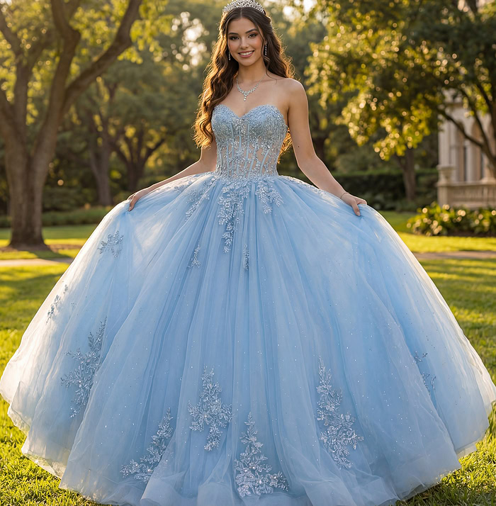 Strapless blue princess gown with embellished corset top and full tulle skirt