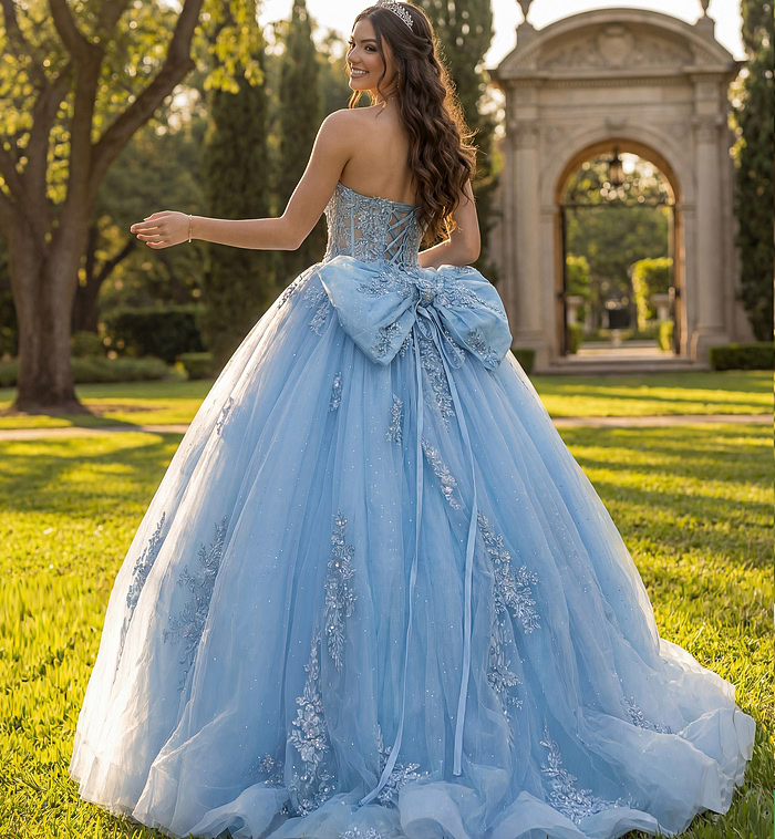 Light blue embroidered ball gown with boned corset bodice and glitter tulle layers