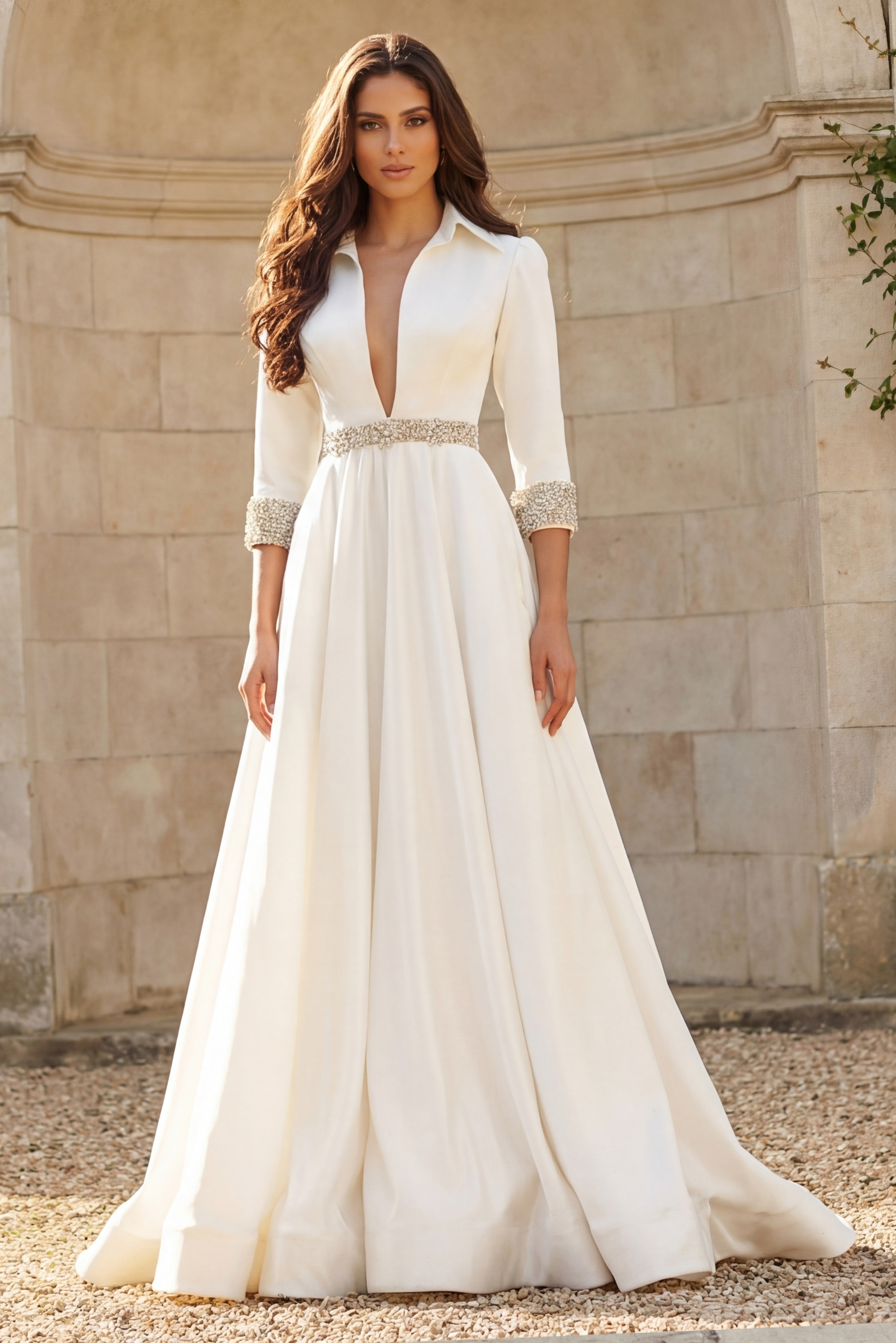Front view of a long sleeve bridal gown with deep V neckline, flowing skirt, and crystal embellished waist.