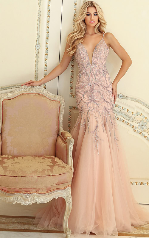Blush embellished gown with deep V neckline and tulle skirt