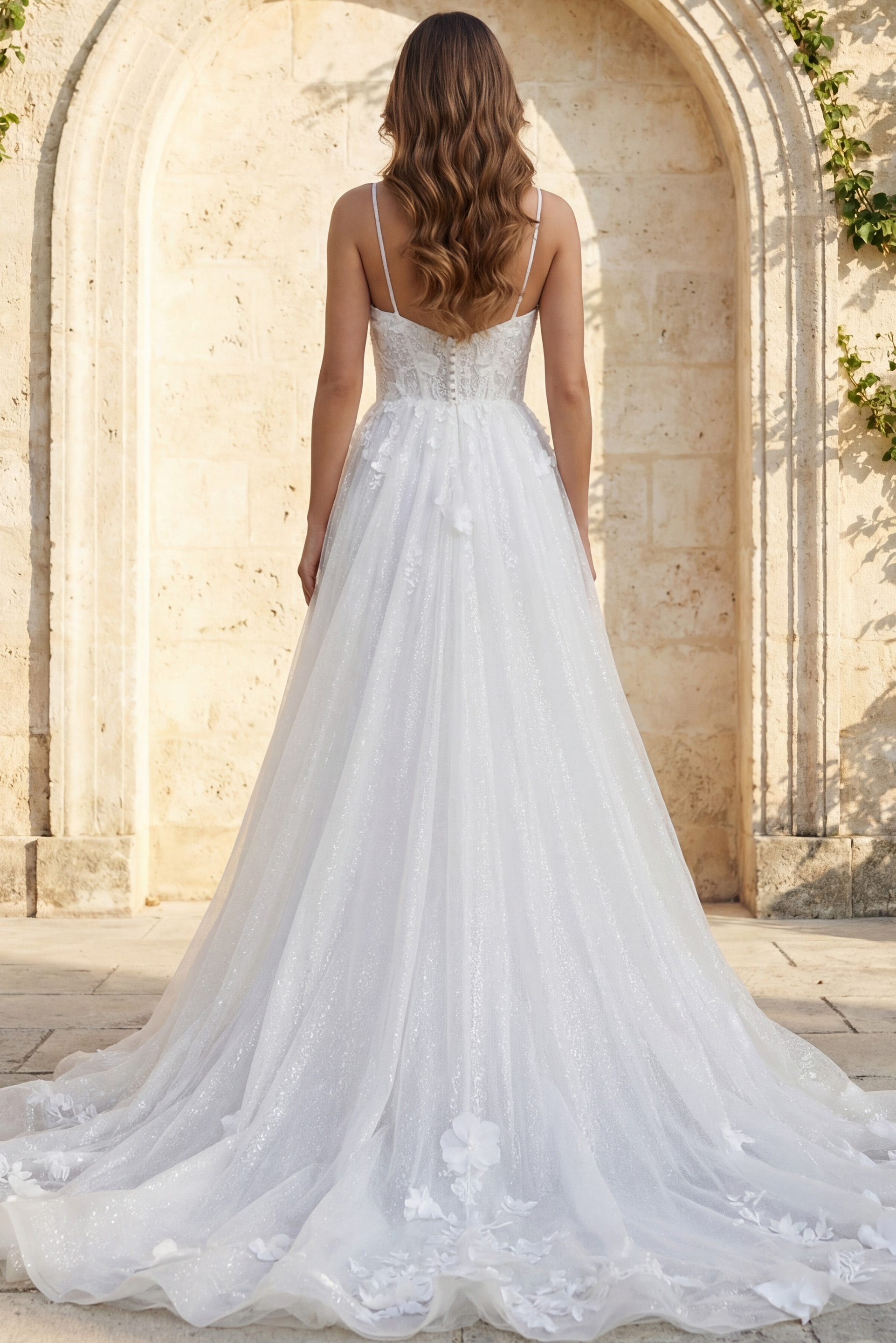 Back view of floral appliqué tulle bridal gown with thin straps and long flowing train