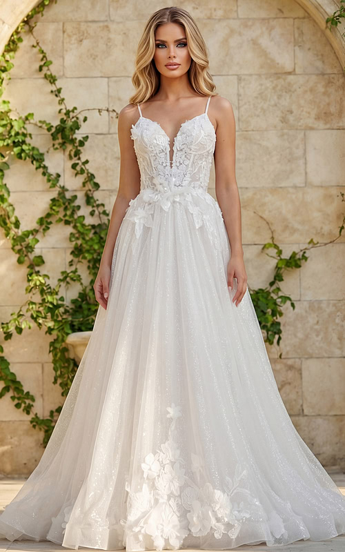 Front view of A line tulle bridal gown with deep V neckline and 3D floral details
