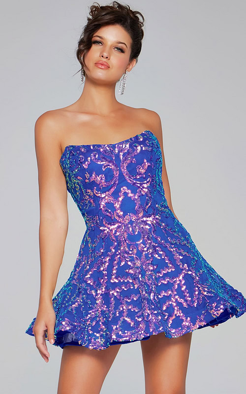 Model wearing Jovani K44214 navy dress with sequins and strapless neckline